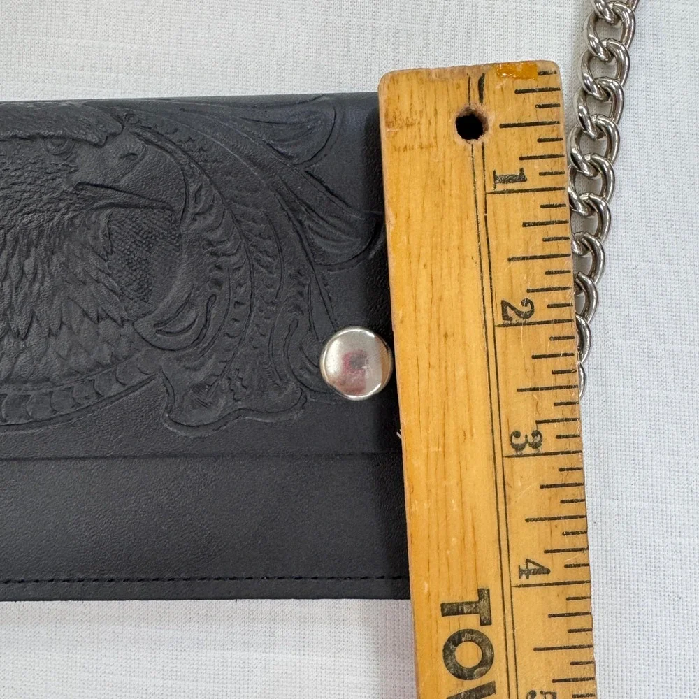 Mens Black Leather Biker Trucker Wallet Embossed Eagle Chain Made in USA